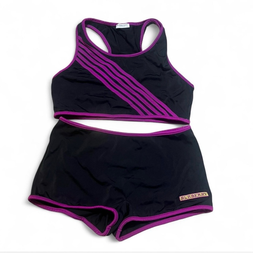Vintage Y2K Burberry Black and Purple Swimsuit Set Size M
